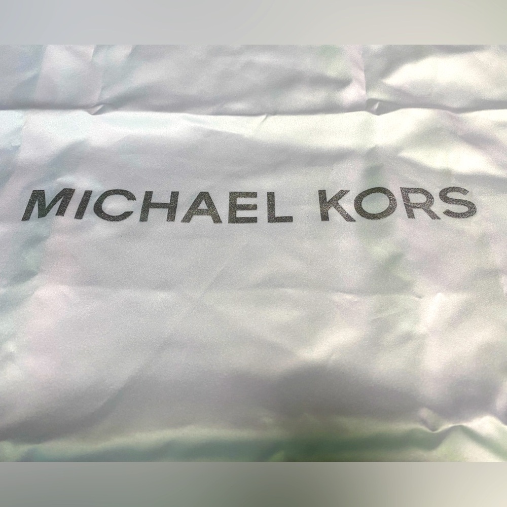 Michael Kors White Stylish Drawstring Bag Metallic Silver Logo 18”x18”